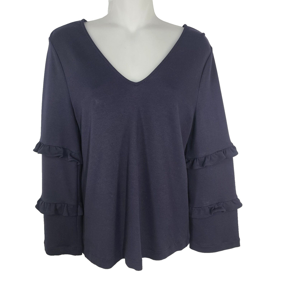 Ann Taylor Top Womens Small Navy Blue V Neck Ruffle Sleeve Blouse Classic Knit